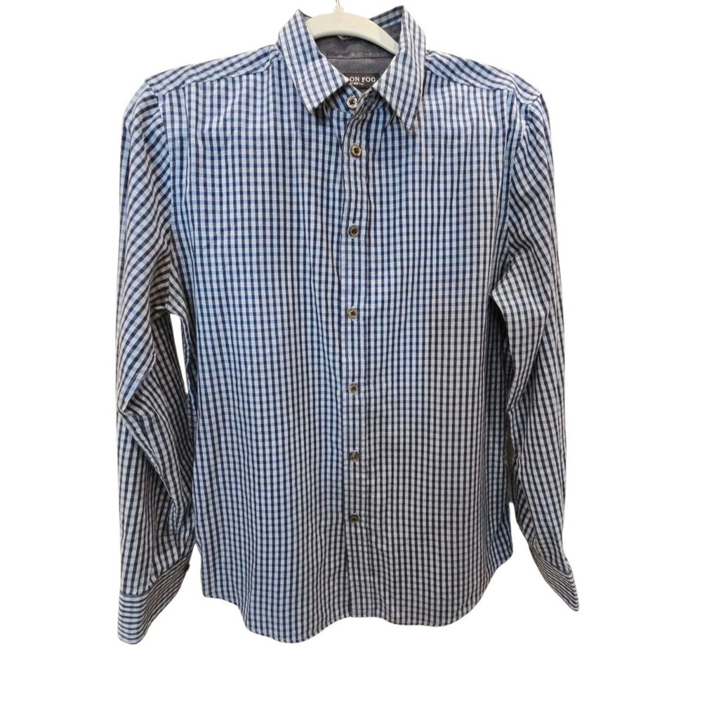 London Fog Button‎ Up Men's Shirt Size Small Blue On Blue Plaid Gray Cuffs #1034